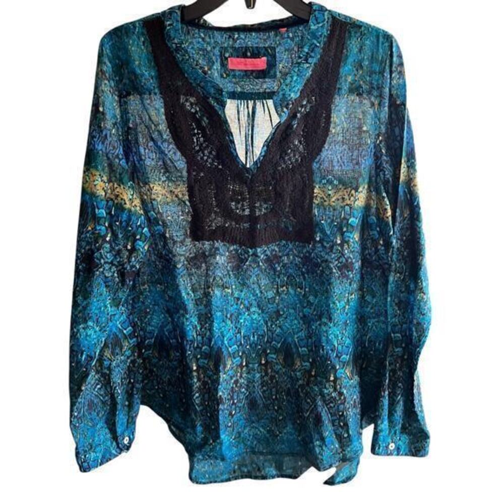 Emily Van Den Bergh black blue green whimsy lace neck elegant Beachy artsy sz XL